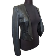 Asus Deri -Kadın Siyah Hakiki Deri Crop Blazer Ceket