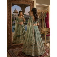 Aashiv's Collection Gelinlik Hint Lehenga Choli Takımı Mavi Işlemeli