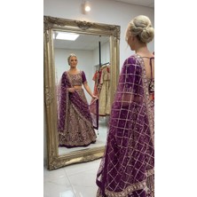 Aashiv's Collection Gelinlik Hint Lehenga Choli Takımı Mor Işlemeli
