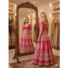 Aashiv's Collection Gelinlik Hint Lehenga Choli Takımı Kırmızı Işlemeli