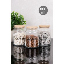 Dolkin Home 3lü Bambu Vakum Kapaklı 800 ml Cam Kavanoz Seti Şeffaf Etiketli Çay Şeker Kahve Saklama Kavanozu