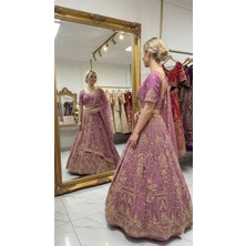Aashiv's Collection Gelinlik Hint Lehenga Choli Takımı Mor Işlemeli