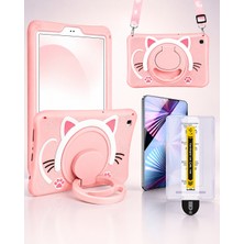 Five-E Samsung Galaxy Tab S6 Lite 10.4 Kedi Figürlü Askılı Çocuk Tablet Kılıfı ve Kolay Uygulama Aparatlı Temperli Cam SM-P610