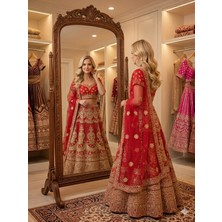 Aashiv's Collection Gelinlik Hint Lehenga Choli Takımı Kırmızı Işlemeli