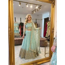 Aashiv's Collection Gelinlik Hint Lehenga Choli Takımı Turkuaz Işlemeli