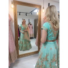 Aashiv's Collection Gelinlik Hint Lehenga Choli Takımı Turkuaz Işlemeli