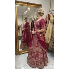 Aashiv's Collection Işlemeli Hint Lehenga Choli Gelinlik Takımı Kırmızı Işlemeli
