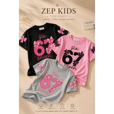 Zepkids Kız Çocuk 67 Baskılı Pamuklu Likralı 3lü Paket Oversize Tişört