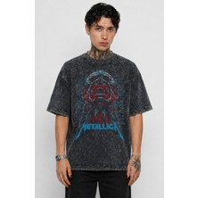 Fuddy Moda Unisex Oversize Metallica Face Illustration Baskılı Yıkamalı Rock Band Tişört