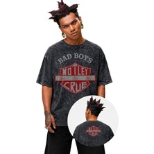 Fuddy Moda Unisex Bad Boys Mötley Crüe Girls Ense Baskılı Yıkamalı Tişört, Oversize Rock Band Temalı Tshirt