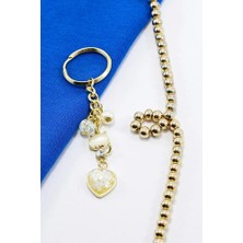 Ennea Art Necef Taşlı Incili Parlak Taşlı Gold Renkli Metal Kedicik Anahtarlık, Sevimli Minik Charm
