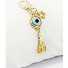 Biuti Gold Renkli Metal Çerçeveli Nazar Boncuğu Püsküllü Klipsli Cüzdan Süsü Charm Çanta Süsü Anahtarlık