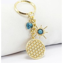 Biuti Firuze Taşlı Gold Renkli Metal Yaşam Çiçeği Anahtarlık, Kalpli Güneşli Küçük Çanta Süsü