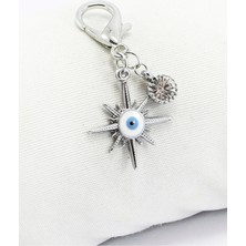 Biuti Tek Taşlı Nazar Boncuğu Güneş Metal Kalp, Gümüş Renkli Klipsli Cüzdan Süsü Charm Çanta Süsü