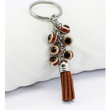 Biuti Kahverengi Nazar Boncuğu Kahverengi Deri Püsküllü Küçük Anahtarlık, Küçük Çanta Süsü