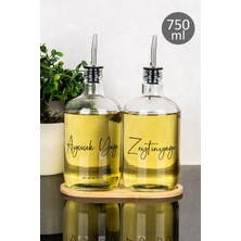 Dolkin Home Bambu Stantlı 2'li Çelik Tıpalı 750ML Cam Ayçiçek Yağı Zeytinyağı Şişesi Şeffaf Etiketli Yağdanlık