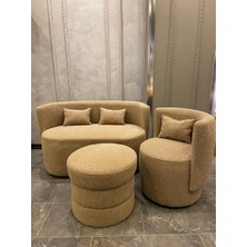 Hoom Concept Teddy Kumaşlı 2'li Koltuk Takımı + Berjer + Puf Seti Konforlu Kahverengi Tasarım