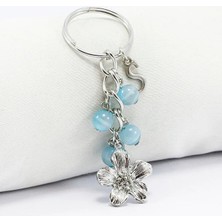 Biuti Gümüş Renkli Metal Çiçek Pastel Boncuklu Kişiselleştirilebilir Harfli Anahtarlık, Hediyelik Çanta Süsü