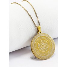 Biuti Estetik Hat Nazar Ayeti ve Vedud Ismi Lazer Kazıma Gold Renkli 316L Çelik Kolye 3,5 cm