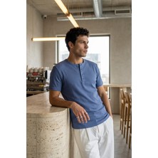 Livio Ferri Liiri %100 Pamuk Premium Fitilli Henley Yaka Yarım Düğmeli Regular Fit Basic Yazlık Erkek Tişört