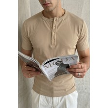 Livio Ferri Liiri %100 Pamuk Premium Fitilli Henley Yaka Yarım Düğmeli Regular Fit Basic Yazlık Erkek Tişört