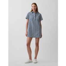 Gap Kadın Mavi Denim Çizgili Popover Mini Elbise