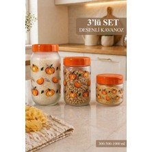 Naturelove 3 Boy Hava Almaz Kapaklı Erzak Saklama Kabı Bal Kabağı Desenli Cam Kavanoz Seti Baharatlık Çerezlik