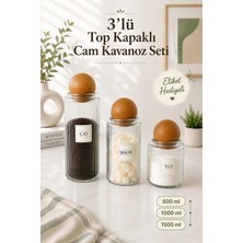 Naturelove 3'lü Ahşap Top Kapaklı Çay Şeker Kahve Tuz Kavanozu Cam 3 Boy