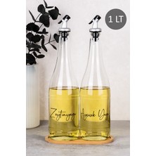 Dolkin Home 2li 1000 ml Bambu Standlı Ayçiçek Yağı ve Zeytinyağı Etiketli Yağlık Sıvı Yağ Şişesi Gümüş Tıpalı Cam Yağdanlık