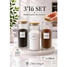 Naturelove 3’lü Ahşap Vakumlu Bambu Kapaklı Cam Çay Şeker Kahve Un Tuz Kavanozu 1440 ml