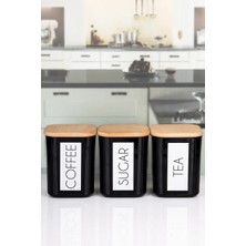 Naturelove 3'lü Ahşap Vakum Kapaklı Saklama Kabı Çay Şeker Kahve Ingilizce Akrilik Siyah Kavanoz Set 900 ml