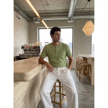 Livio Ferri Liiri %100 Pamuk Premium Fitilli Henley Yaka Yarım Düğmeli Regular Fit Basic Yazlık Erkek Tişört