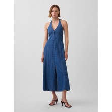 Gap Kadın Mavi Denim Seamed Halter Maxi Elbise