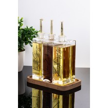 Dolkin Home 3lü 500ML Cam Salata Sosluk Sirkelik Yağdanlık Ahşap Stant 5 Çeşit Etiketli Gold Kapak Sofra Yağlık