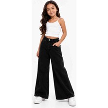 Babido Kız Çocuk Bol Paça Jean Pantolon Wide Leg %100 Pamuklu Rahat Kesim Günlük Denim Pantolon Açık Mavi