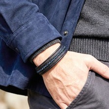 Sibelya Aksesuar %100 Deri Çoklu Mavi Hematit Taşlı Siyah Bileklik Mıknatıs Kapama 21 cm EBI_8283