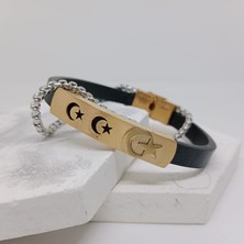 Sibelya Aksesuar % 100 Deri̇ Çoklu 3'lü '' Ay Yıldız '' Fi̇gürlü Çeli̇k Zi̇nci̇rli̇ Gold Bi̇lekli̇k Krom Kapama 21 cm EBI_8250