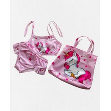 Empressco Kız Çocuk Pembe 3 Parça Unicorn Baskılı Sık Dokuma Bikini Takımı