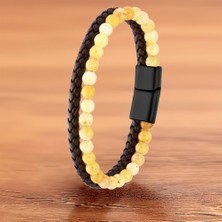 Sibelya Aksesuar %100 Deri Çoklu Saç Örme Sarı Akik Taşlı Kahve Bileklik Mıknatıs Kapama 20 cm EBI_8200