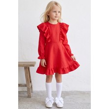 Parla Kids Kız Çocuk Catherine Kırmızı Fiyonklu Fırfırlı Uzun Kol Keten 23 Nisan 29 Ekim Gösteri Kıyafeti