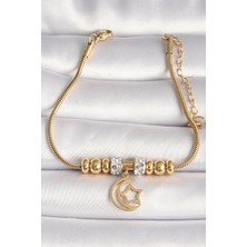 Pazarcan 316L Çelik Gold Renk Tüp Zincir Zirkon Taş Detaylı Sallantı Ay Yıldız Figür Kadın Bileklik