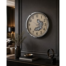 Sleep Nova Silver Gear Dekoratif Duvar Saati – Gümüş Çerçeveli Büyük Boy Salon ve Ofis Saati