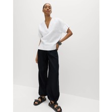 Marks & Spencer %100 Keten V Yaka Popover Bluz