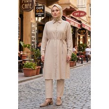 Modestim Kadın Taş Boydan Düğümeli Gömlek Yaka Belden Bağlamalı 100 cm Oversize Gömlek Tunik