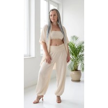 Byemelika %100 Pamuk, Bürümcük, Lastik Detay, Bohem Lidya Kaftan (Bej)