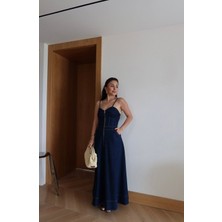 Ans Butik Kadın Askılı Fermuar Detaylı Denim Elbise