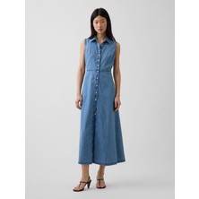 Gap Kadın Mavi Ultrasoft Denim Maxi Gömlek Elbise