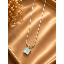 Jammy Jewerly Mint Yeşili Kare Taş Detaylı Gümüş Renk Kolye