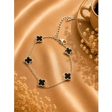 Jammy Jewerly Siyah Yonca Detaylı Gümüş Renk Kadın Bileklik