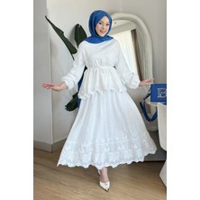 Tesettür Diyarı Neva Brode Dantel Kumaş Bluz-Etek Astarlı Tesettür Takım- Beyaz